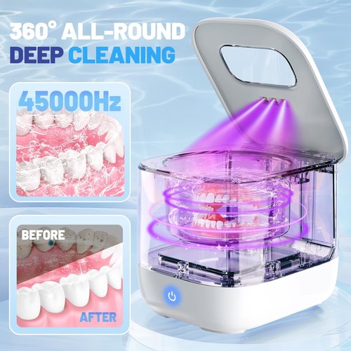 Sonolab Ultrasonic Retainer Cleaner Machine with Removable Tank and Cleaning Tablets, 45kHz Sonic Dental Cleaning Pod, 240ml Large Capacity Ultrasonic UV Cleaner for Dentures, Aligners, Mouth Guards