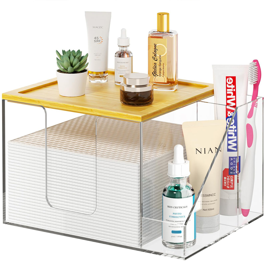 VITVITI Disposable Face Towel Holder Box, Acrylic Clean Skin Club Facial Towel Container, Large Disposable Face Towels Storage for Bathroom Vanity Makeup, Clear