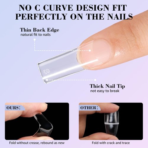 LIONVISON 500PCS No C Curve Nail Tips, Long Square 10 Sizes Half Cover Straight Square French Clear Fake Nail Tips for Acrylic Nails Professional for Nail Art Salon
