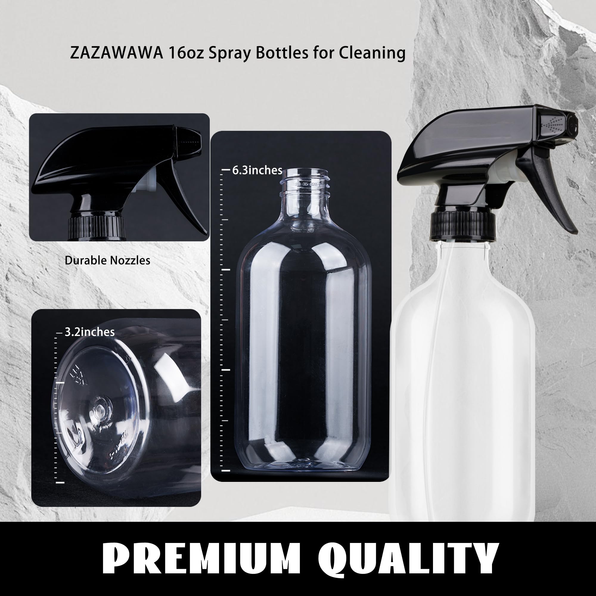 ZAZAWAWA Plastic Spray Bottles 3 Pack, Chemical Resistance Refillable 16 oz Empty Spray Bottle for Cleaning Solution, Durable and Powerful Nozzle, Spray Bottles for Hair, Plants, Cleaner, Oil