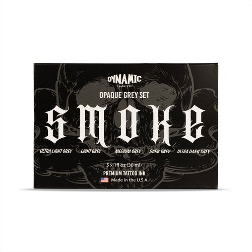 Dynamic Color Co- Smoke Set, Opaque Grey Tattoo Ink Set, 5 Shades of Ultra Light to Ultra Dark, Made in USA, Sterilized, 1 oz Bottles - Professional Tattoo Artists