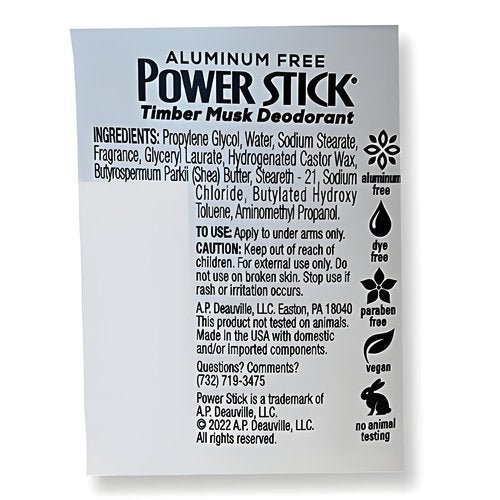 Power Stick 0% Aluminum Timber Musk Deodorant for Men, 2.5 oz, Pack of 4 – Aluminum Free, Long-Lasting Freshness