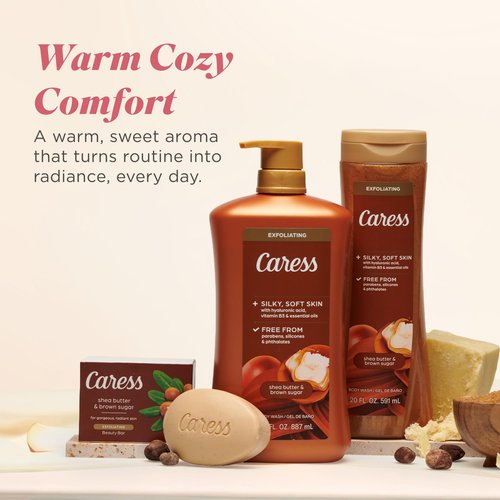 Caress Body Wash for Women, Shea Butter & Brown Sugar, Hydrating and Exfoliating Shower Gel for Gorgeous Radiant Skin, 20 fl oz, 4 Pack