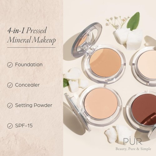 PÜR MINERALS 4-in-1 Pressed Mineral Makeup Powder Foundation with SPF 15 | Buildable Medium to Full Coverage
