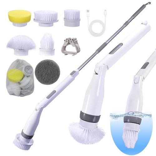 STARRY DREAM Electric Spin Scrubber, IPX7 Waterproof Shower Cleaning Brush with 8 Replaceable Brush Heads, Extendable Long Handle and 2 Adjustable Speeds Tools White
