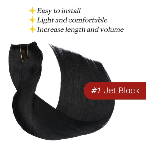 SAFIRENY Wire Hair Extensions Fish Line Hair Extensions Jet Black Extensions, Invisible Wire Hair Extensions Real Human Hair Straight 14inch 70g Adjustable Size Hair Extensions(#1-14inch)