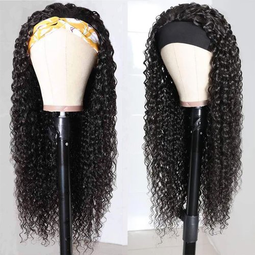 Bellarayine Deep Wave Human Hair Headband Wig 12 inch Non Lace Front Wig Machine Made Wigs Glueless Curly Hair Headband Half Wigs for Black Women Natural Color