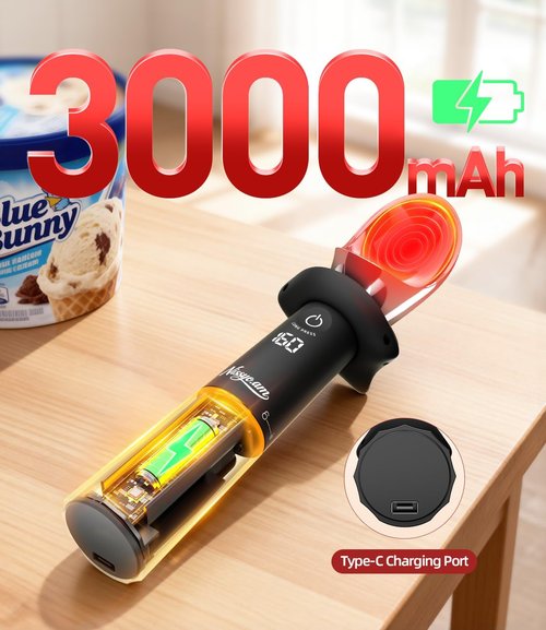 Skiennix Heated Ice Cream Scoop - Rechargeable Electric Scooper with Drip-Proof Stand & 3 Heating Levels