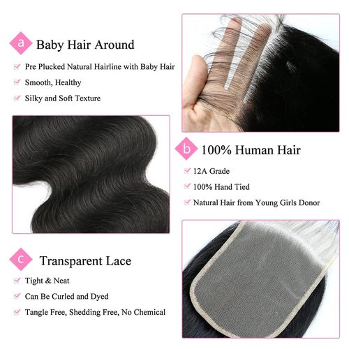 5x5 Transparent HD Lace Closure Only Body Wave Hair Closure Invisible Lace 12A Brazilian Virgin Remy Human Hair Closure 100% Human HairFree Part Pre Plucked Natural Black 16 Inch