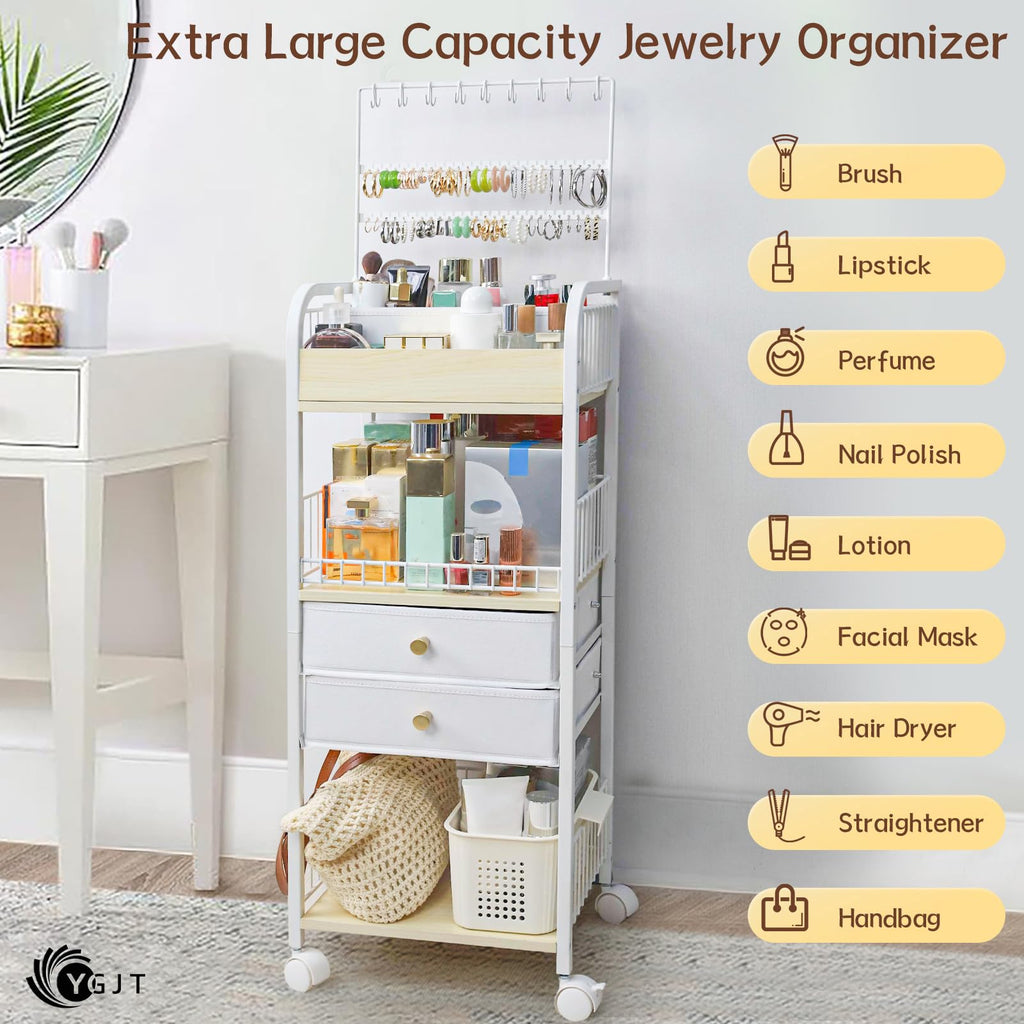 YGJT Makeup Organizer, Floor Skincare Cosmetics Organizer with Drawers, Jewelry Organizers and Storage for Earring Necklace, Vanity Organizer for Skin Care Perfume Makeup Brush Nail Polish Hair Tool