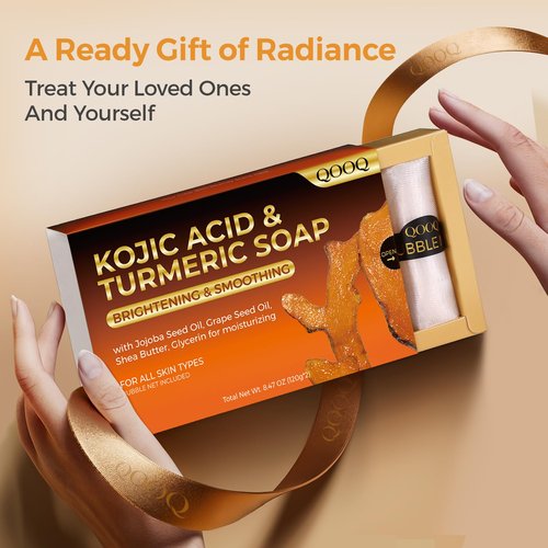 Turmeric Kojic Acid Soap for Dark Spots Brightening – Face and Body Wash with Vitamin C, E, Shea Butter, Jojoba oil, Grape Seed Oil & Glycerin – Soap for Women & Men (120g x 2)