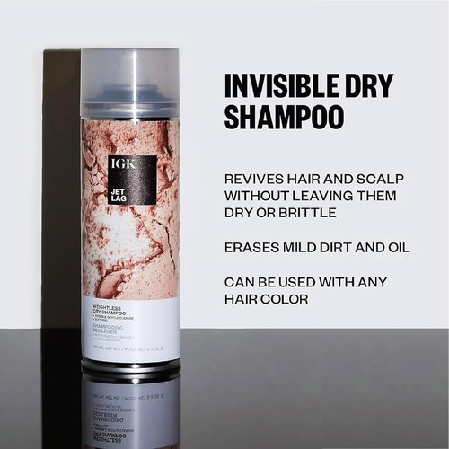 IGK Jet Lag Invisible Dry Shampoo - Weightless Buildable Formula with Volcanic Ash | Full & Travel Size 2-Pack