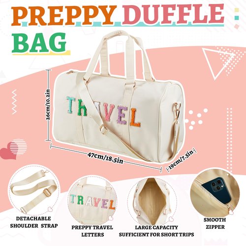 Shinylin 2 Pcs Travel Preppy Duffle Bag and Chenille Letter Makeup Pouch Cosmetic Zipper Patch Weekender Carry on Tote Bag for Women(Nude)