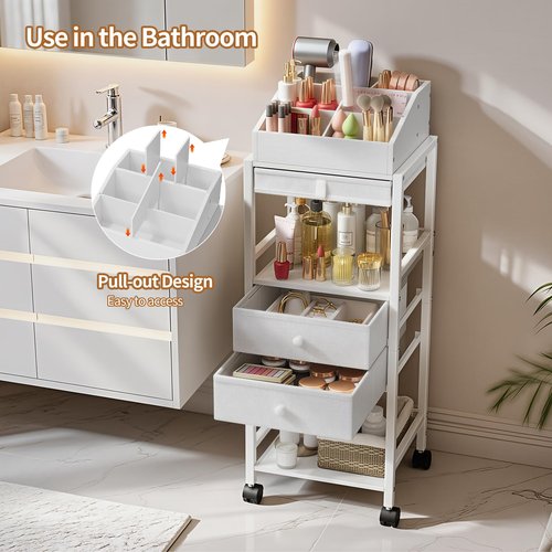 Luxspire Makeup Organizer Cart, Floor Skincare Organizers, Makeup Storage with Drawers, Vanity Organizer Cosmetics Display Cases Holder for Skin Care Perfume Nail Polish Makeup Brush Hair Tool, White