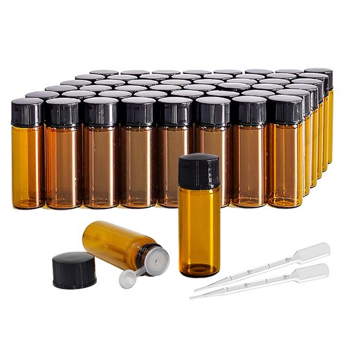 AGENIZ 50Pcs 3ml 5ml Amber Sample Bottles,Mini Glass Essential Oil Bottle, with Black Screw Caps, for Travel Essential Oil and Perfume Vials Bottles (5ML)