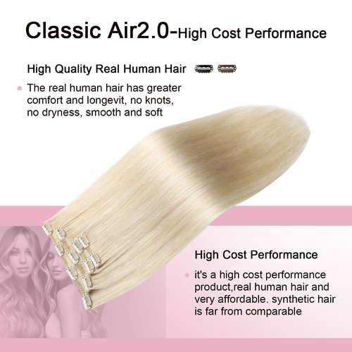 Sweetmet Air2.0 Clip in Hair Extensions Real Human Hair 20inch 4pcs Color #60 Platinum Blonde Remy Real Human Hair Extensions Clip ins 60g Thick Seamless Double Weft for Women（#60-20inch）