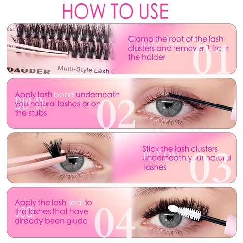 DAODER Thick Short DIY Lash Extension Kit 640pcs 50D 60D 80D 100D Mixed Volume 3D Cluster Eyelash Extensions Fluff D Curl Individual Lashes Clusters with Lash Remover Bond Seal 9-13mm