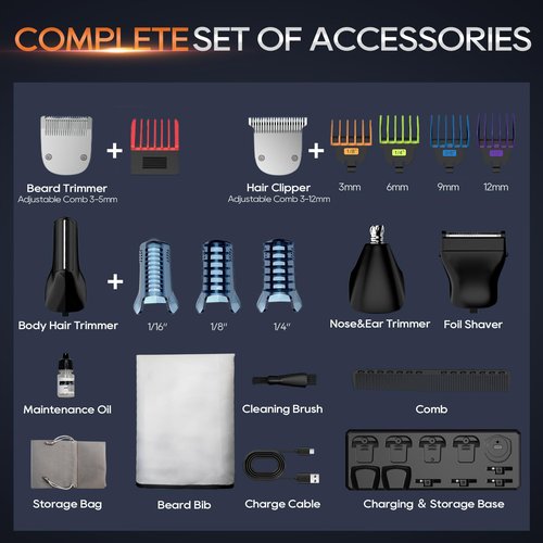 TRIMX Beard Trimmer for Men, Magnetic Snap-on Replacement Heads & Charging Dock, IPX7 Waterproof Cordless Hair Clippers, Mens Grooming Kits for Mustache/Body/Face/Ear/Nose, Gray