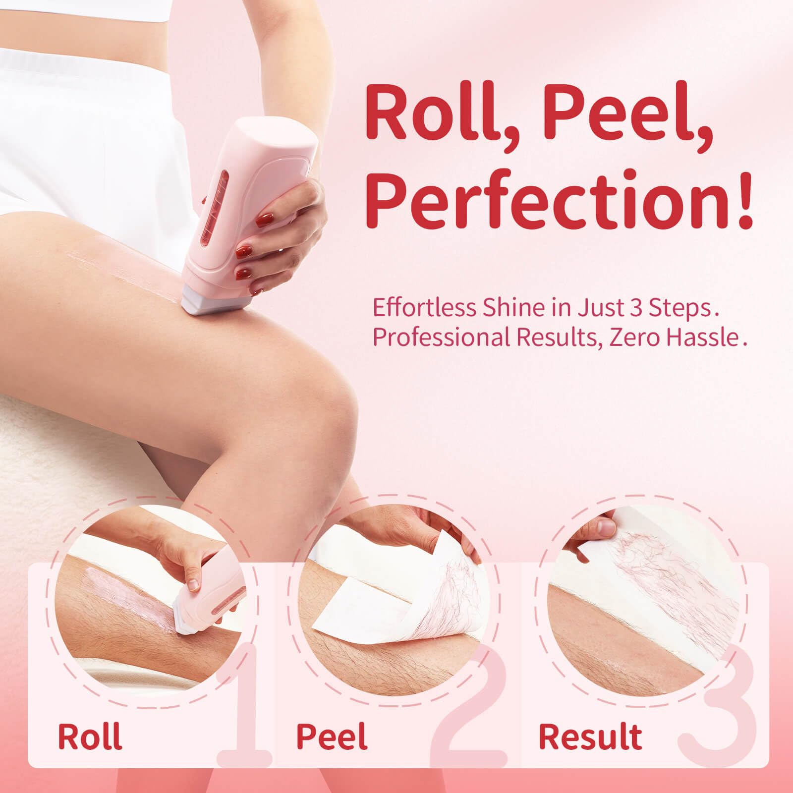 Wax Roller Kit- Easy Use Roll on Wax Kit with 4-6 Weeks Smooth Skin,Hair Remover for Larger Areas of the Body, Beginner-Friendly,with 50 Pcs Strips and 2 wax roller (Honey)
