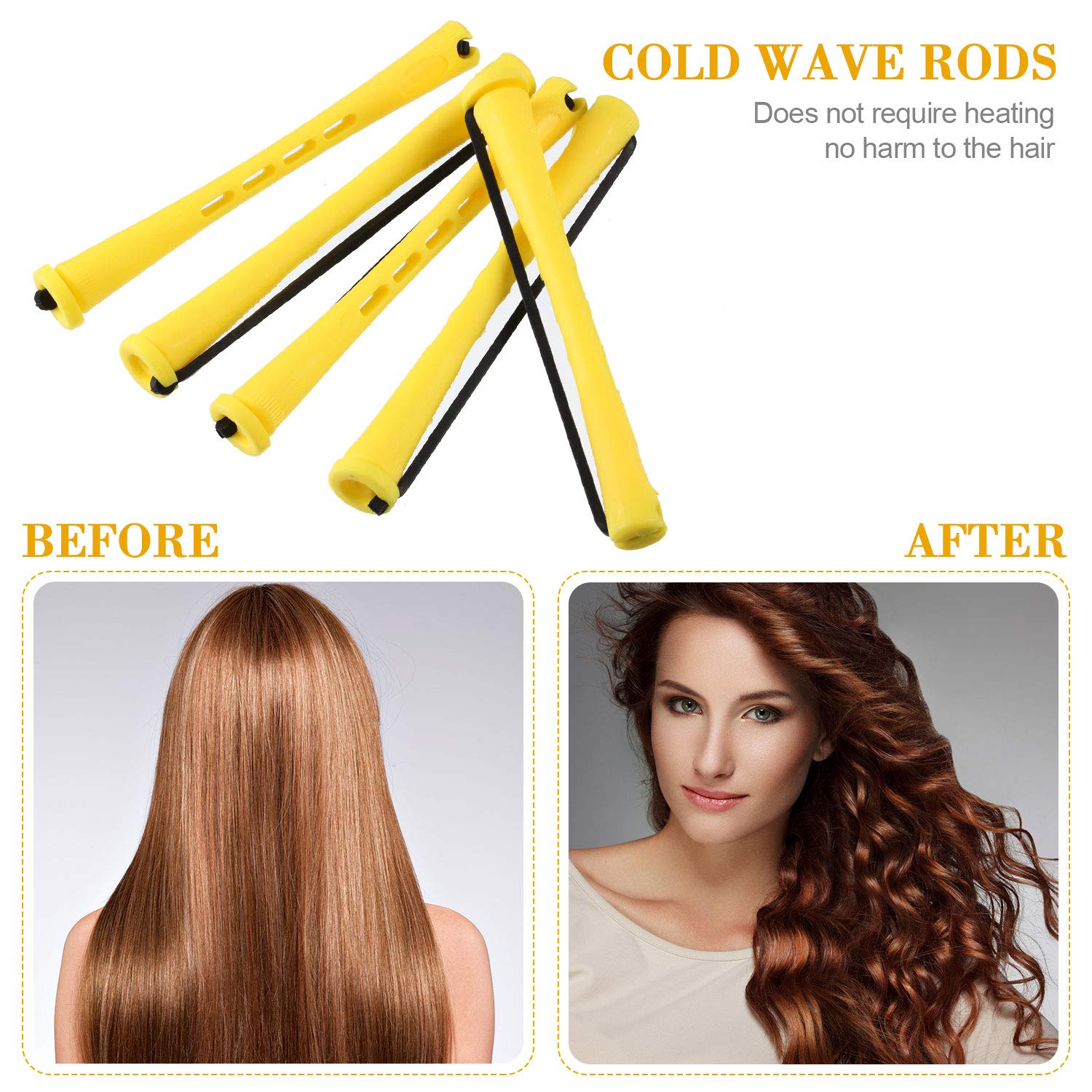 WILLBOND Hair Perm Rods - 96 Pcs Heatless Curlers with 2 Steel Pintail Combs | 0.28 Inch, Yellow