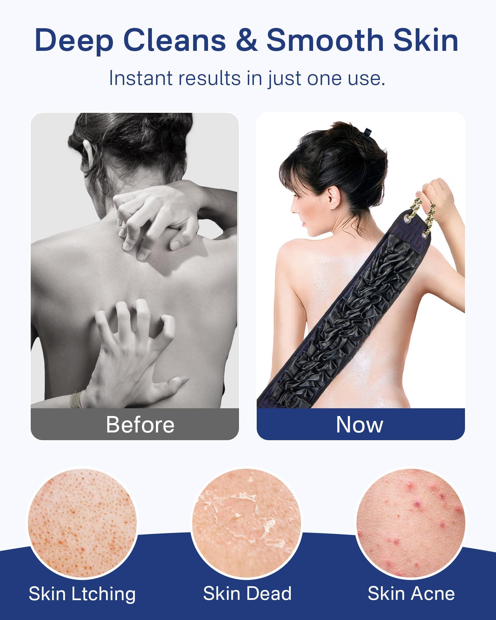 Yiclick Back Scrubber for Shower, Exfoliating Washcloth Towel with Handle, Body Scrubber Exfoliator, Bath Sponge Loofah Luffa, Back Washer Wash Cloth for Men Women, Korean Exfoliate Body Scrub