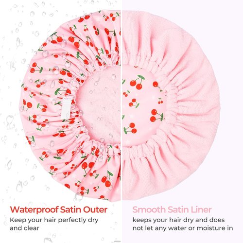 Skiennix Shower Cap - Reusable Terry Lined Waterproof Cap for Long Thick Hair - Pink