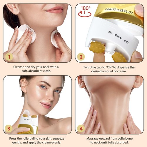 NQINQI AH-8 Firming Neck Cream with Roller - Neck and Chest Firming Cream to Lift, Tighten & Smooth Sagging Skin, Reduce Wrinkles & Hydrate for Youthful Neck, 4.23 Fl Oz
