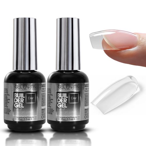 GELPARTY Clear Builder Nail Gel Set 2×15ml – HEMA-Free TPO-Free Self-Leveling Brush-On Hard Gel Soak-Off UV/LED 7-in-1 for Nail Extensions Overlays Strengthening & Rhinestones
