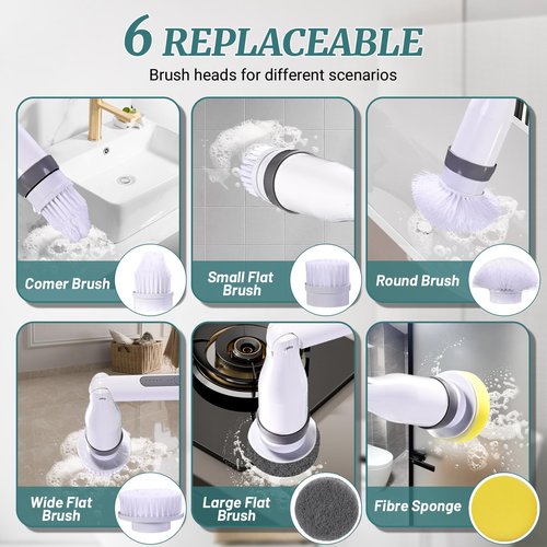 STARRY DREAM Electric Spin Scrubber, IPX7 Waterproof Shower Cleaning Brush with 8 Replaceable Brush Heads, Extendable Long Handle and 2 Adjustable Speeds Tools White