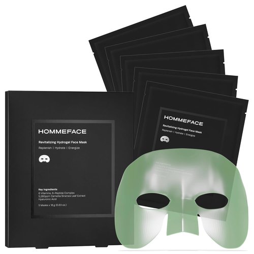 HommeFace Men’s Revitalizing Hydrogel Facial Mask Set - Hydrating Anti-Aging Sheet Masks | 5ct, Beard-Friendly, Korean Skincare