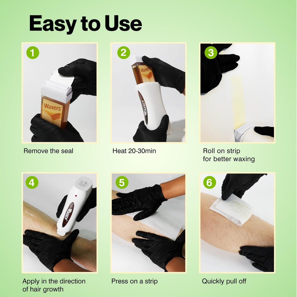 Waxers Roll on Wax Kit Aloe Vera Waxing Roller Depilatory for Women & Men Waxing Kit for Hair Removal for Larger Areas at Home with Heater & Strips