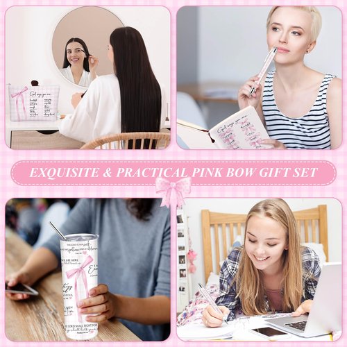 Patelai 6 Pcs Pink Bow Christian Gift for Women Coquette Makeup Bag Christian Tumbler Bible Coquette Gifts for Girls Religious Pink Bow Notebook Ballpoint Pen for Daughter Sister Church School