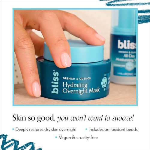 Bliss Drench & Quench Overnight Collagen Mask - Hydrating Face Treatment with Hyaluronic Acid for Glowing Skin