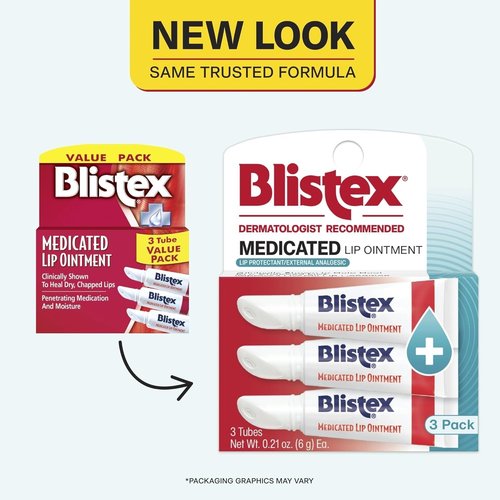 Blistex Medicated Lip Ointment - Relieves Cold Sores & Heals Chapped Lips | 0.21 Oz Tube, 3 Count