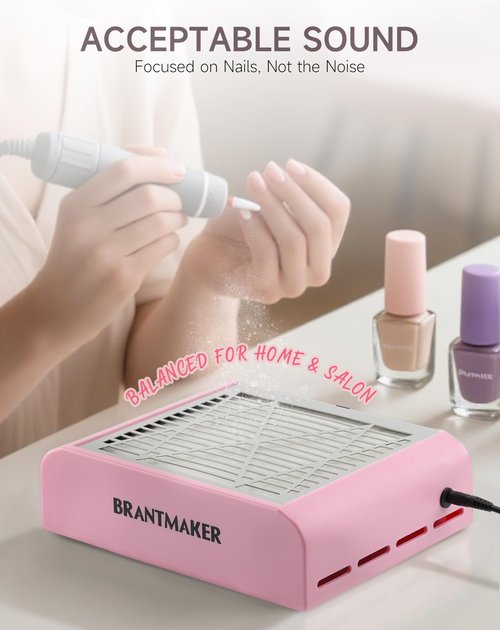 BRANTMAKER Nail Dust Collector with Brush and 2 Reusable Filters, 60W Vacuum Dust Fan for Acrylic Nails (pink)