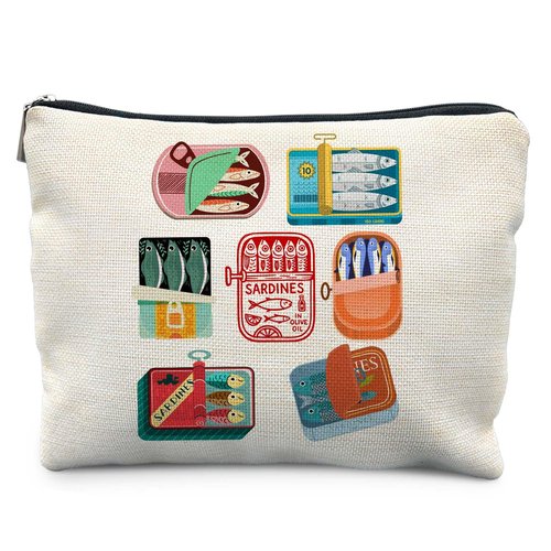 Likjad Sardines Tin Beach Makeup Bag, Coastal Sardine Fish Cosmetic Bags for Women, Fish Lover Gifts Makeup Pouch, Nautical Beachy Ocean Zipper Pouch