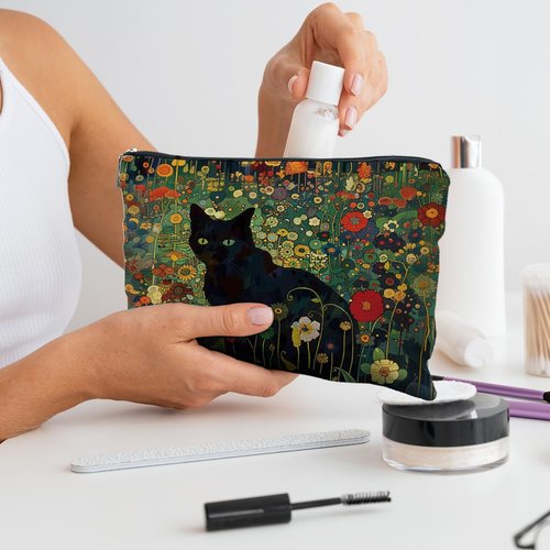 RYYCDOI Cat Gifts for Women Cat Lovers, Floral Black Cat Makeup Bags for Women Cosmetic Pouch