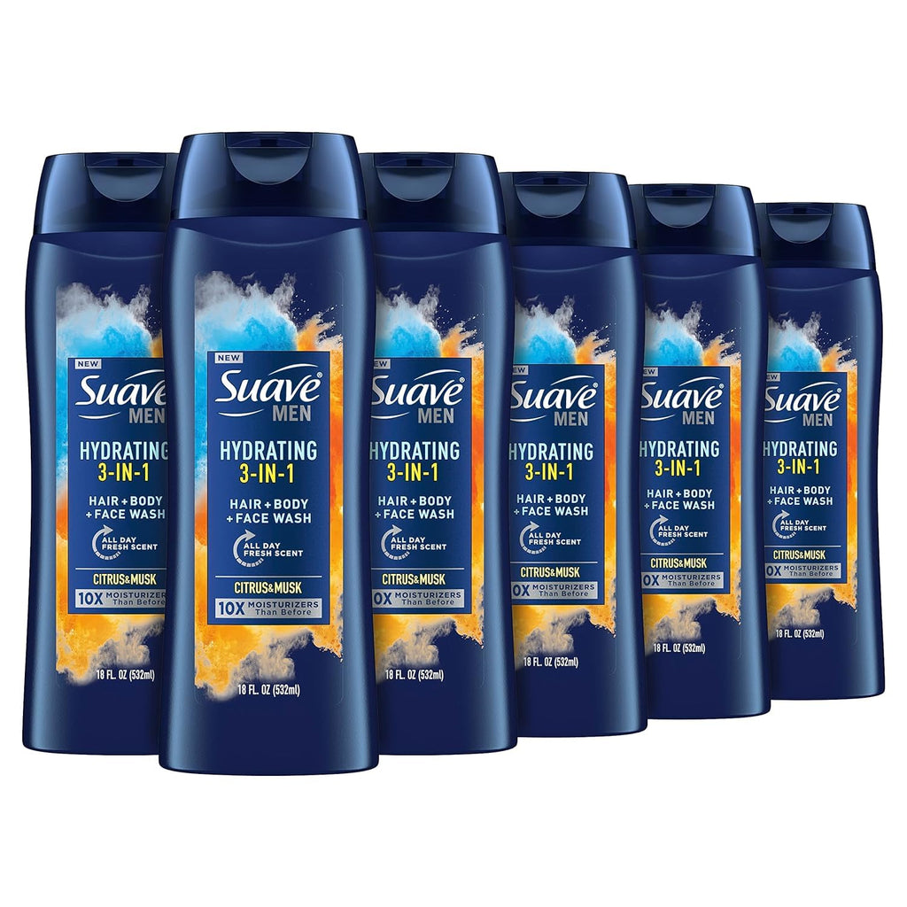 Suave 3-in-1 Moisturizing Body, Face & Hair Wash - Hydrating Citrus & Musk Scent, 18 Oz | Pack of 6