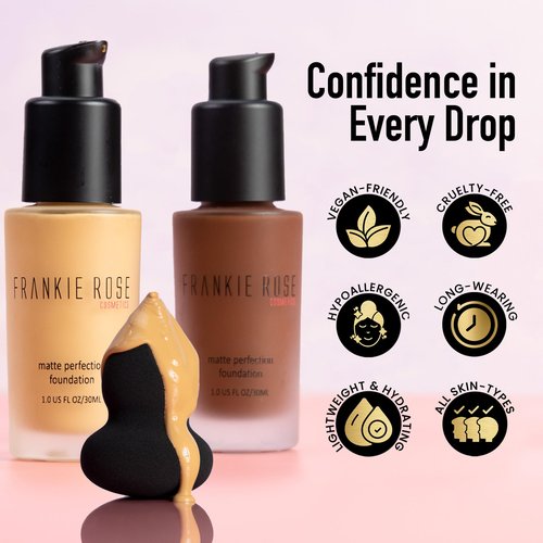 Frankie Rose Cosmetics Matte Perfection Foundation Makeup – Long-Lasting, Hydrating Foundation for Semi-Matte Finish - Full Coverage for All Skin Types - (Neutral) 1.0 US fl oz / 30 ml