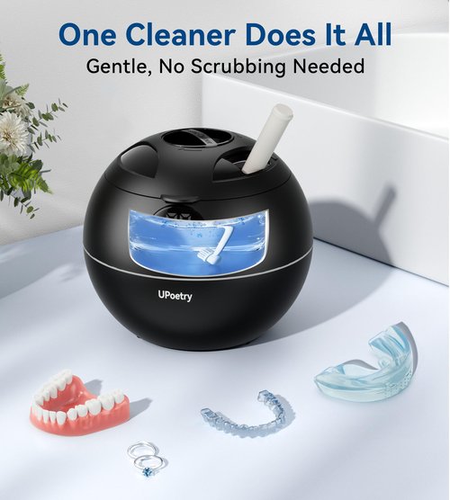 Ultrasonic Retainer Cleaner, 45kHz Retainer Cleaner Machine with Digital Timer & 4 Modes, 200ML Portable Dental Cleaning Pod for Aligners, Dentures, Night Guards, Braces, Jewelry, Black