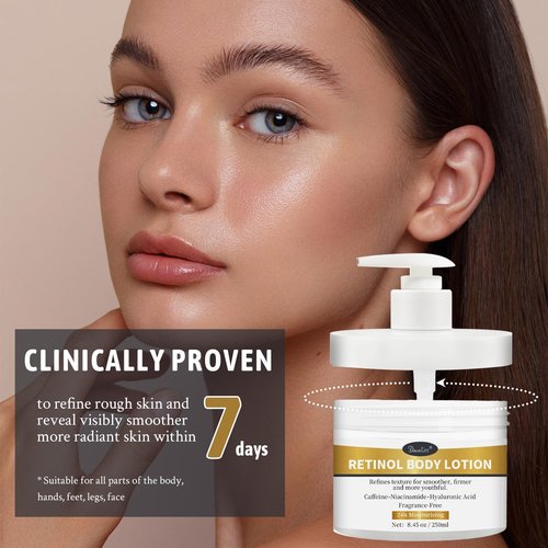 Retinol Body Lotion Fragrance-Free, Anti-Aging Firming Body Cream and Face Moisturizer with Niacinamide Hyaluronic Acid & Shea Butter, Helps Diminish the Look of Crepey Skin for Women & Men 8.45 oz