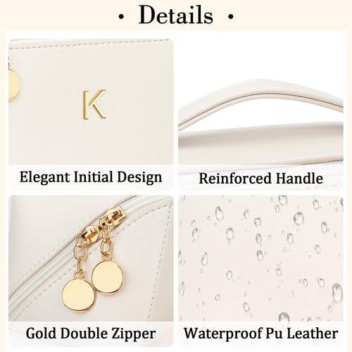 CLOUDWINGS Initial Makeup Bag Gifts for Women Bridesmaid Gifts Travel Toiletry Personalized PU Leather Waterproof Cosmetic Bag (Medium-Beige-K)