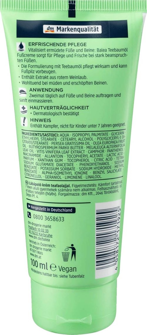 Balea Foot Cream - Tea Tree & Vine Leaf Extract with Vitamins | Pack of 2, Made in Germany