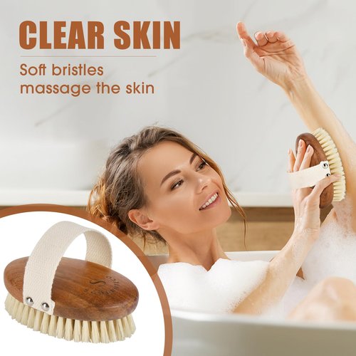 SAMEBUTECOBody Brush Solid Acacia Wood Boar Bristles Bath Brush for Skin Exfoliation,Lymphatic Drainage Improvement Oval Shape Dry Brush Comfort to Hold Works