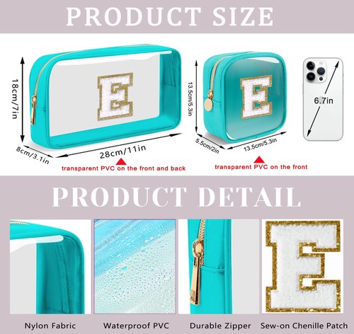 2pcs Personalized Initial Letter Clear Makeup Bag | Waterproof Nylon Preppy Cosmetic Bag | Travel Toiletry Bag | Monogrammed Gifts for Women Girl | Wedding Bridal Shower Gifts for Bridesmaids(Blue R)