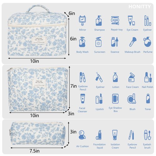 Makeup Bag,Quilted Cosmetic Bag,Large Floral Make Up Bag for Women,Cotton Makeup Bag Set,Flower Travel Toiletry Bag