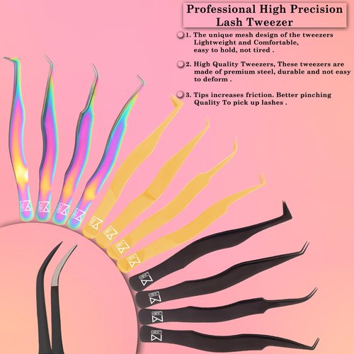 M LASH Eyelash Tweezers for Eyelash Extensions (Set of 4) - Professional Lash Extension Tweezers - Fiber Tip Lash Tweezers, Japanese Steel, Diamond Grip For Flawless Application (White)