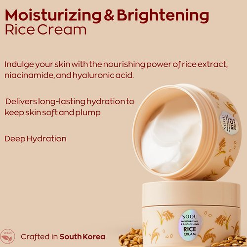 SOQU Moisturizing and Brightening Rice Cream – Deep Hydration, Brightens and Evens Skin Tone – 70g / 2.48oz – Made in Korea