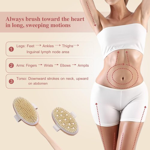 ÖkoStamm Dry Brushing Body Brush - Natural Bristle Dry Brush Set with 2 Detachable Heads, Wooden Long Handle Dry Body Brush for Lymphatic Drainage, Exfoliating and Cellulite Treatment