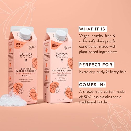 Babo Botanicals Defining Baobab & Rosehip Shampoo | Conditioner Bundle for Extra Dry Curly Hair - Smooth & Define with Passion Fruit Ferment